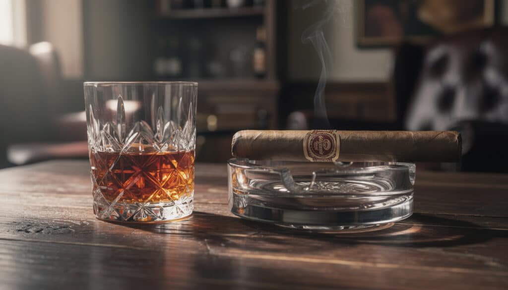 Verre de whisky avec glaçons et cigare allumé dans un cendrier en cristal sur table en bois