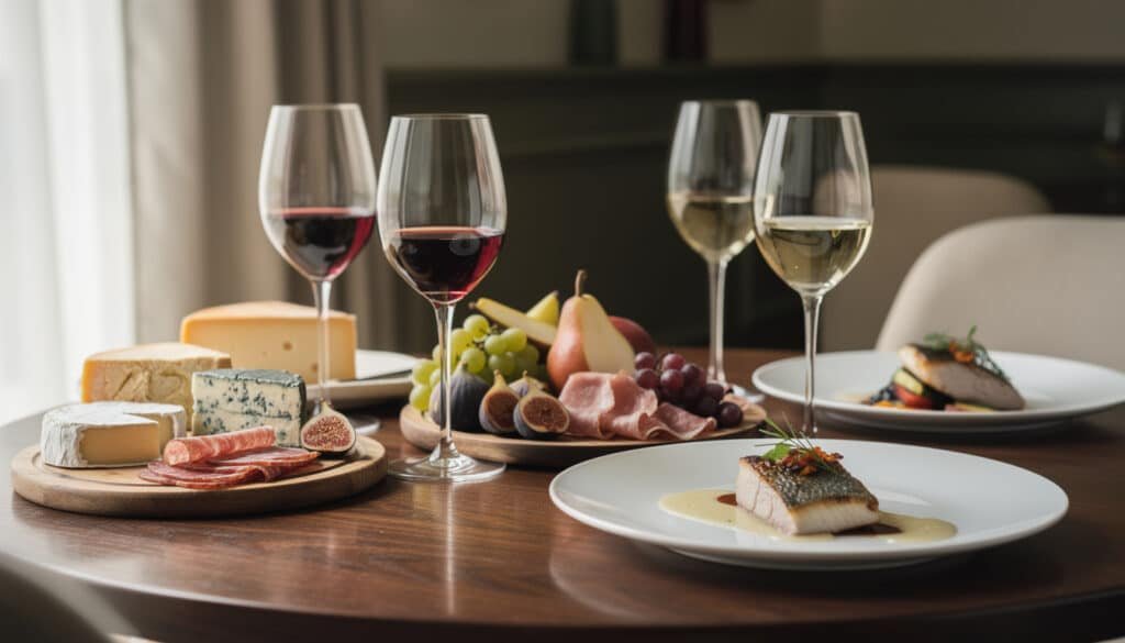 Table d'accord mets-vins avec fromages, charcuterie, fruits, poisson grillé et verres de vin rouge et blanc