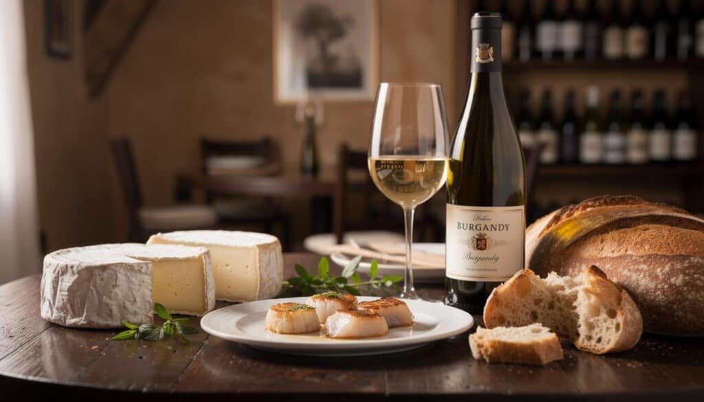 Accord mets-vins Bourgogne blanc : verre de Burgundy, fromages, pain et coquilles Saint-Jacques