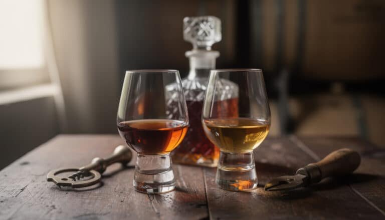 Deux verres de dégustation avec armagnac et cognac, décanter en arrière-plan, accessoires de sommelier sur table