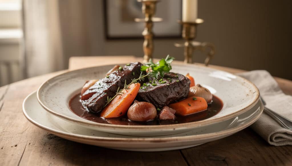 Bœuf bourguignon traditionnel : viande fondante en sauce, carottes et oignons grelots, garni de thym et persil frais