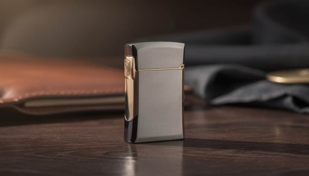 Briquet cigare luxe chromé et doré avec flamme douce, design épuré sur bureau en bois