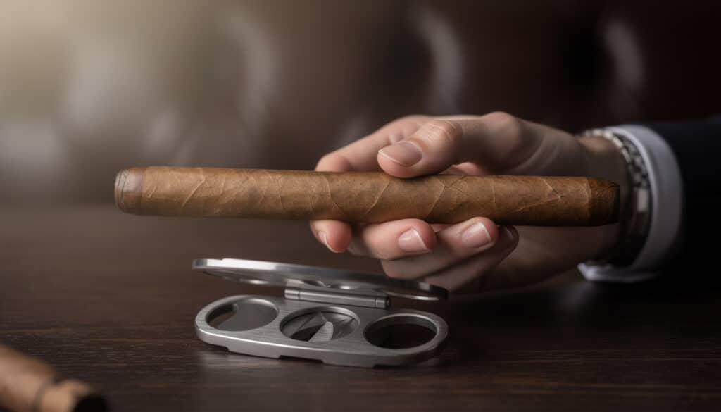 Main tenant un cigare au-dessus d'un coupe-cigare guillotine double lame sur table en bois