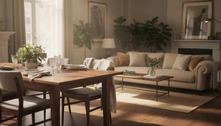 Salon élégant avec table à manger dressée, canapé confortable et circulation fluide pour recevoir ses invités
