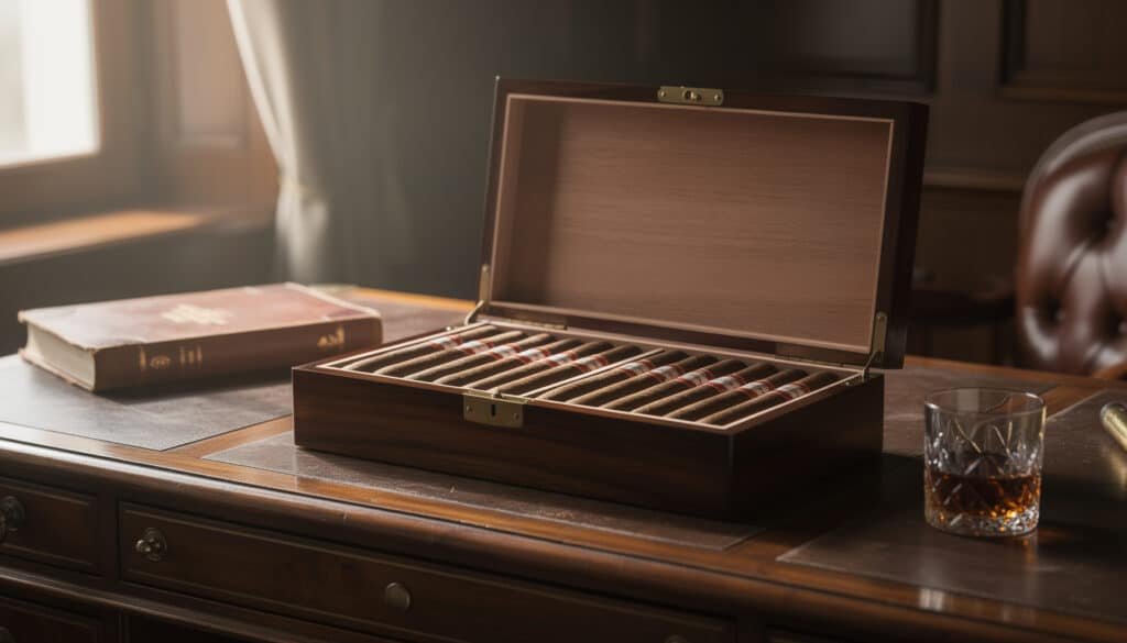 Cave à cigares en bois ouvert avec intérieur en cèdre et compartiments, posée sur bureau avec livre et verre de whisky