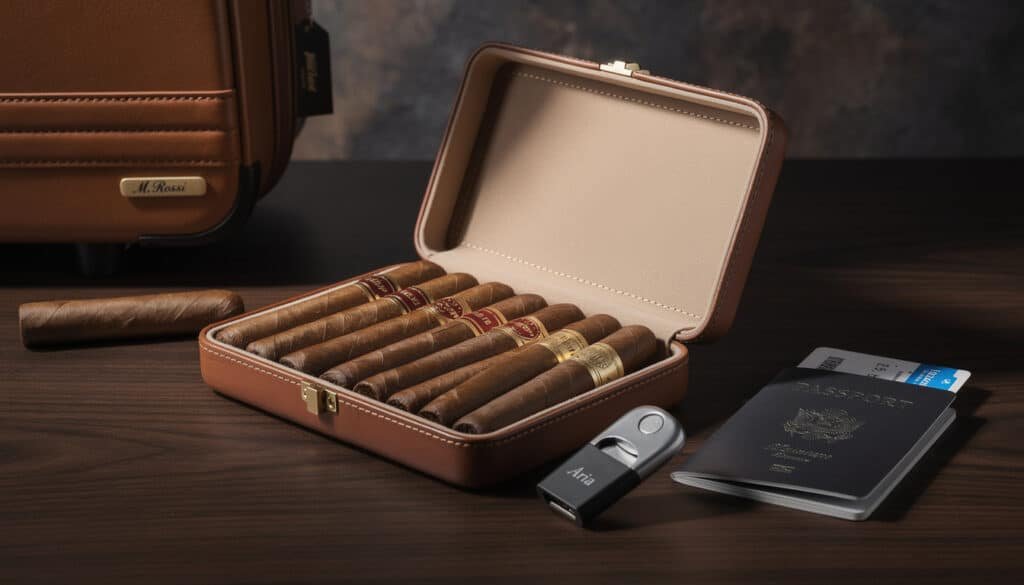 Étui à cigares cuir marron ouvert contenant cigares avec bandes colorées, passeport et briquet de voyage