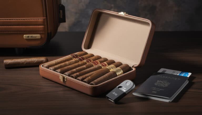Étui à cigares cuir marron ouvert contenant cigares avec bandes colorées, passeport et briquet de voyage