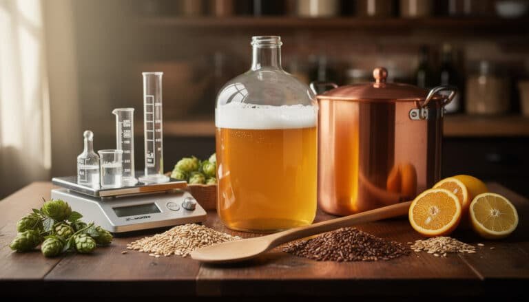 Setup de brassage maison avec carboy de bière, houblons, grains d'orge et équipement de mesure
