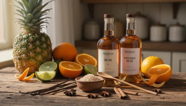 Deux bouteilles de rhum premium avec fruits frais (ananas, oranges, citrons verts), épices (vanille, badiane, cannelle) et sucre pour préparer un rhum arrangé maison