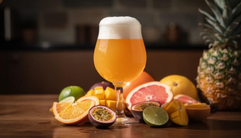 Verre de NEIPA avec robe trouble dorée entouré de fruits frais : mangue, ananas, orange, pamplemousse et passion