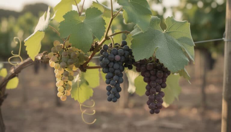 Trois grappes de raisins de champagne : Chardonnay blanc, Pinot Noir et Meunier noirs, sur un cep avec feuilles vertes