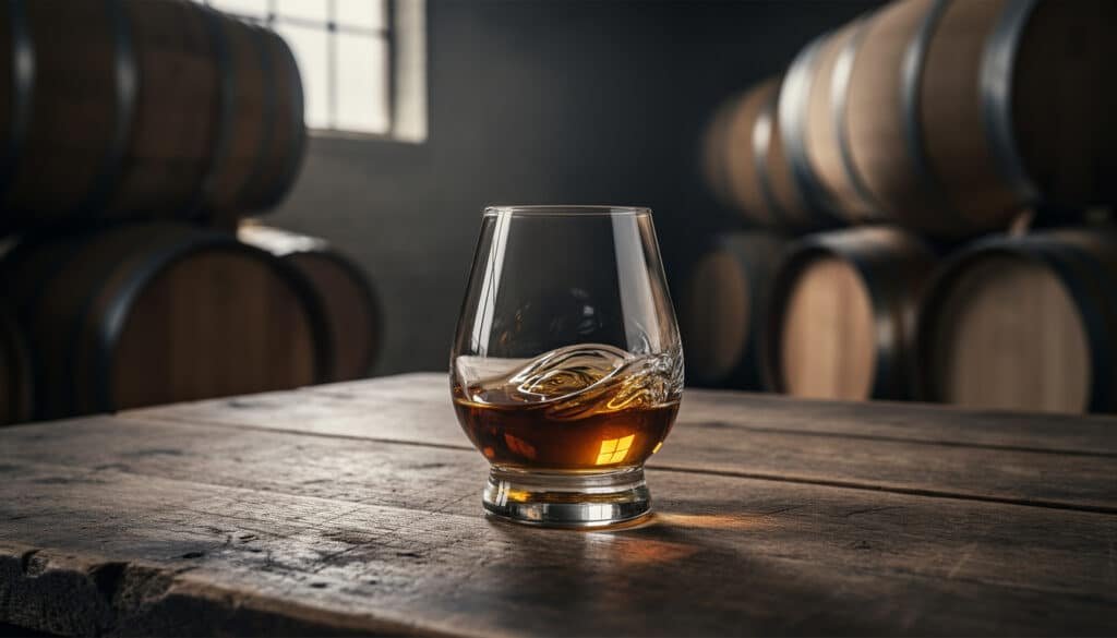 Verre de whisky single malt ambré avec glaçons sur table en bois, tonneaux de vieillissement en arrière-plan