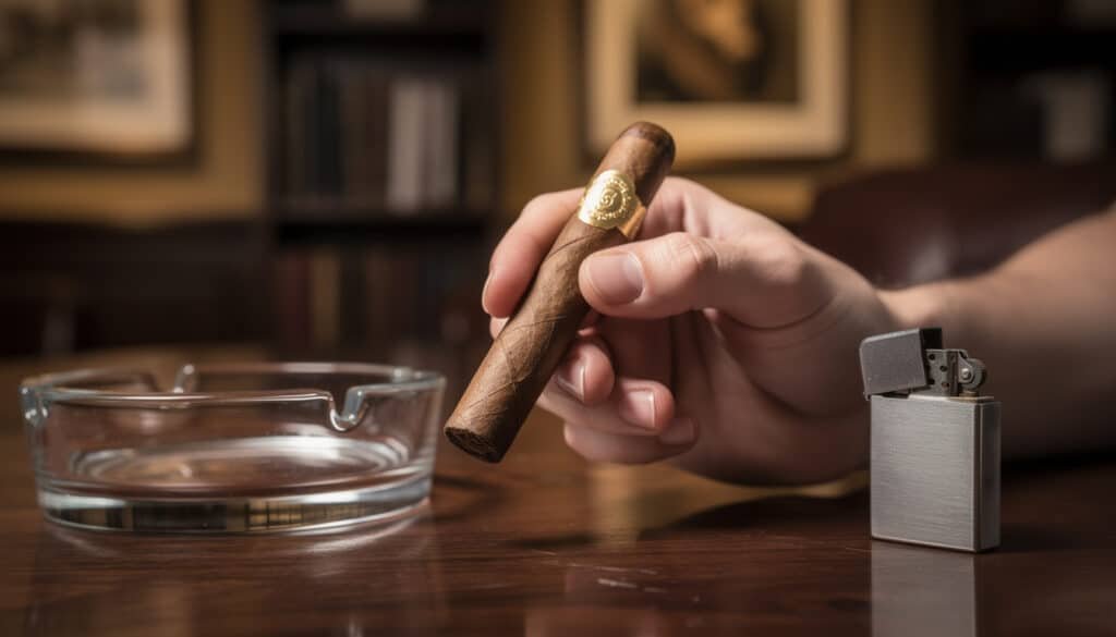 Main tenant un cigare havane allumé au-dessus d'un cendrier, avec briquet et décor classique en arrière-plan