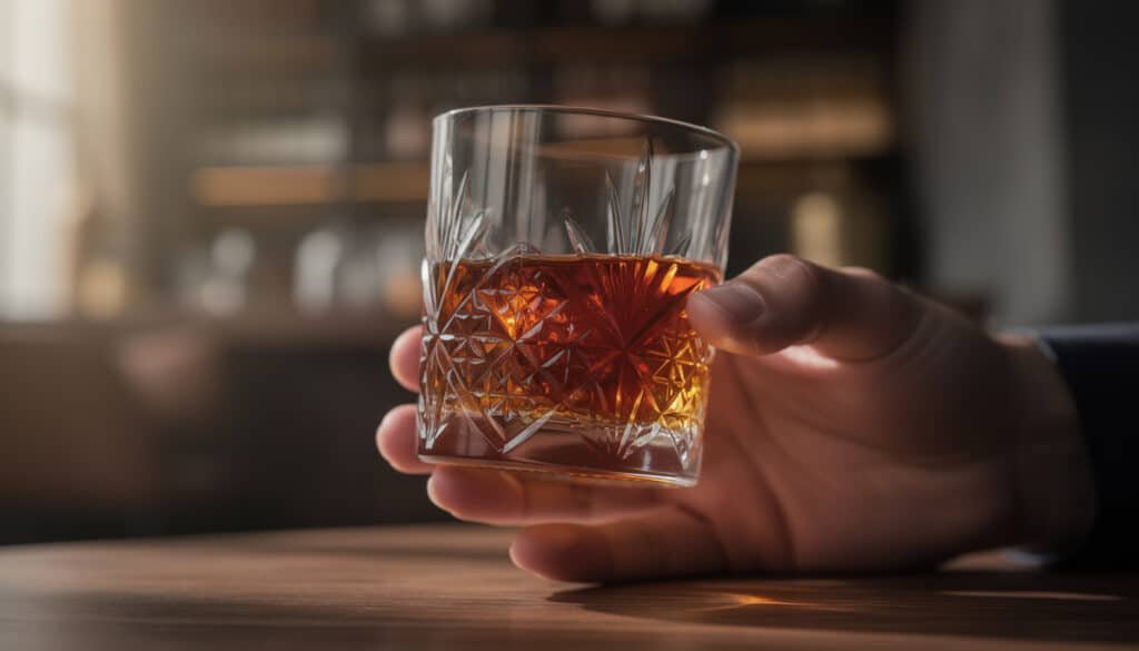 Verre tulipe contenant un rhum vieux ambré, tenu en main, illustrant la dégustation correcte d'un rhum premium