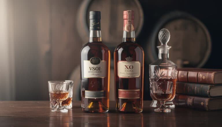 Cognac VSOP et XO en bouteille avec verres de dégustation, carafon et livres sur table en bois