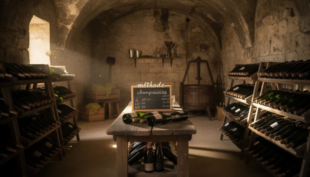 Cave de champagne souterraine avec bouteilles sur pupitres, tableau méthode champenoise et lumière naturelle