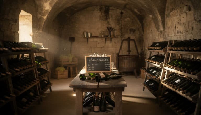 Cave de champagne souterraine avec bouteilles sur pupitres, tableau méthode champenoise et lumière naturelle