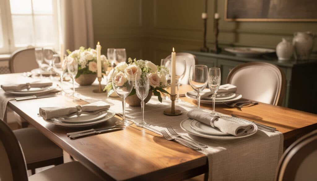 Table élégante dressée avec palette neutre, centre de table bas en fleurs, bougies et mise en place aérée