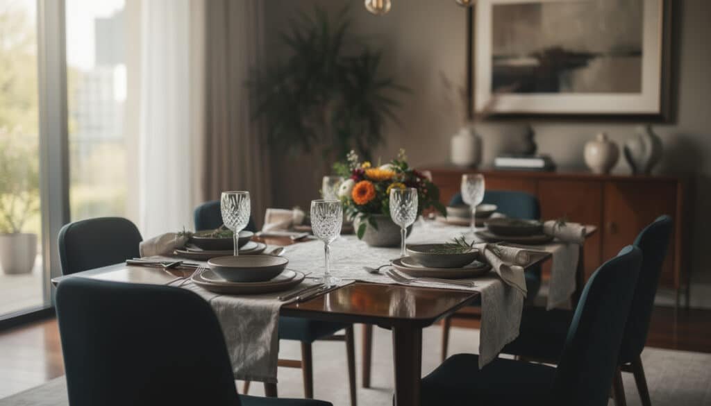 Table de salle à manger élégante dressée pour recevoir avec verres en cristal, assiettes empilées et serviettes lin