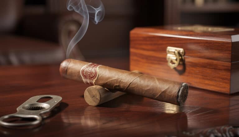 Cigare Montecristo allumé avec bague rouge, posé sur table en bois près d'un humidificateur et coupe-cigare