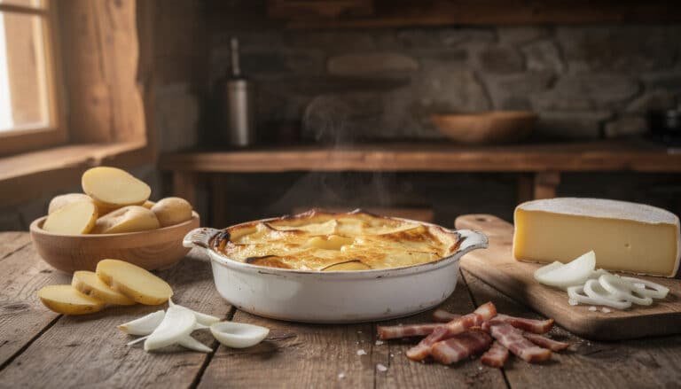 Ingrédients traditionnels de la tartiflette : pommes de terre, reblochon, lardons, oignons et gratin au four