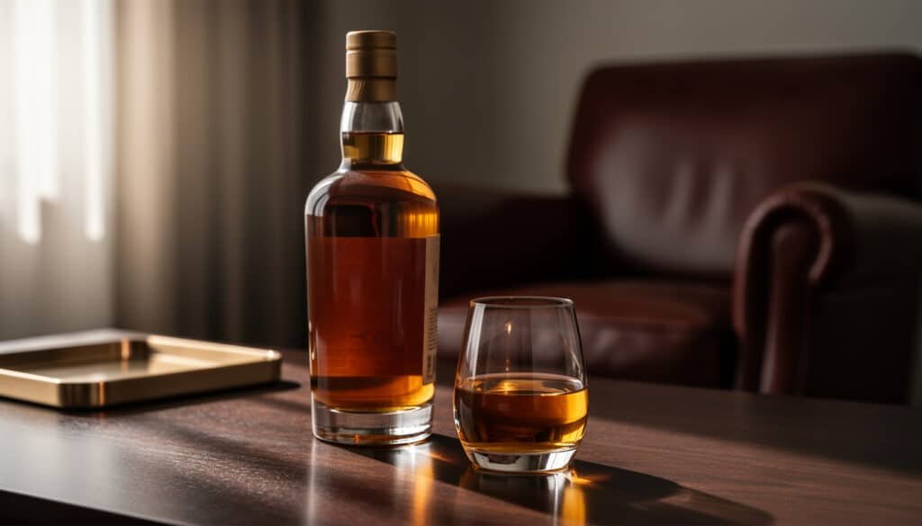 Bouteille de whisky et verre de dégustation sur table en bois dans un intérieur élégant