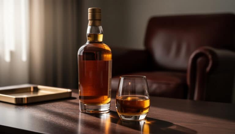 Bouteille de whisky et verre de dégustation sur table en bois dans un intérieur élégant