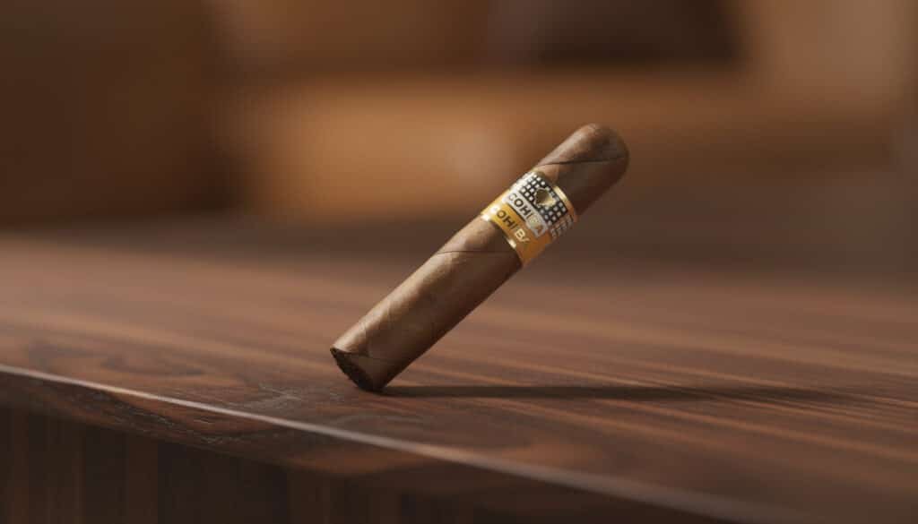 Cigare Cohiba Siglo VI posé sur une table en bois, avec sa bague dorée caractéristique