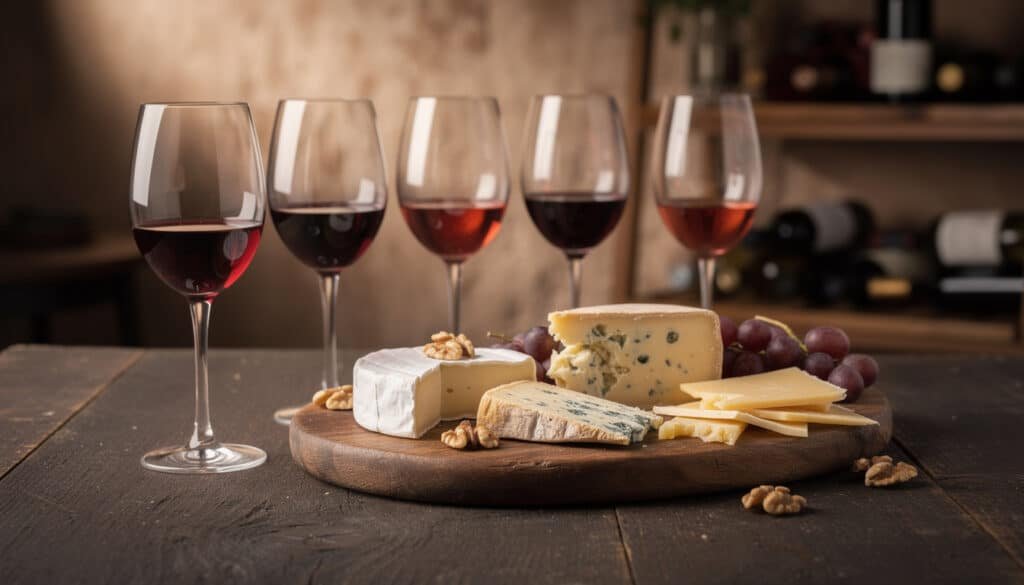 Plateau de fromages variés avec verres de vin rouge pour accord mets-vins