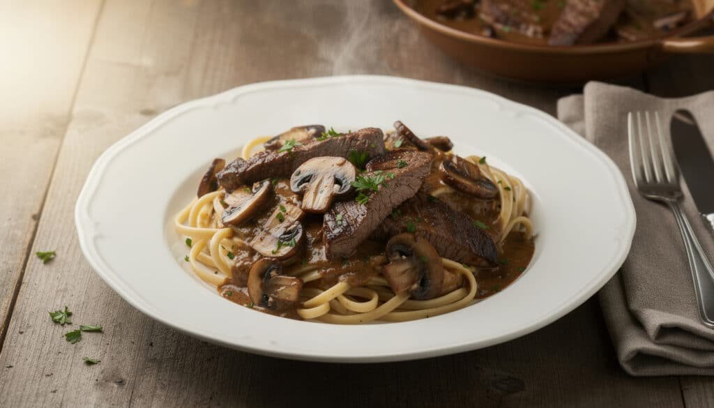 Bœuf stroganoff aux pâtes : viande tendre nappée de sauce crémeuse avec champignons dorés et persil frais