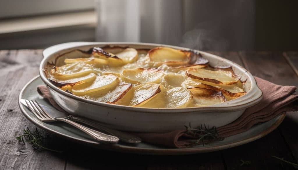 Gratin dauphinois traditionnel doré avec tranches de pommes de terre cuites au lait et crème