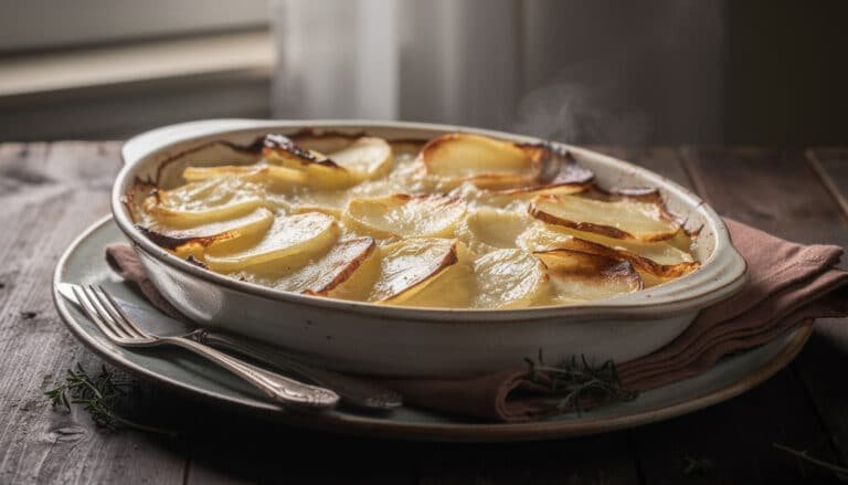 Gratin dauphinois traditionnel doré avec tranches de pommes de terre cuites au lait et crème