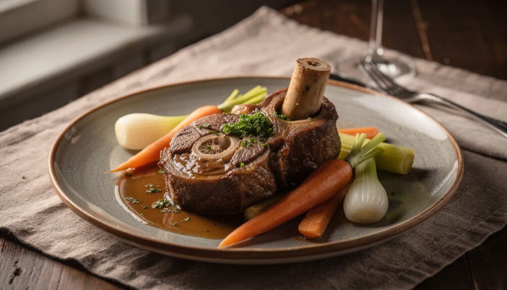 Osso buco milanais présenté en assiette : jarret de veau braisé avec os à moelle, garni de légumes et gremolata