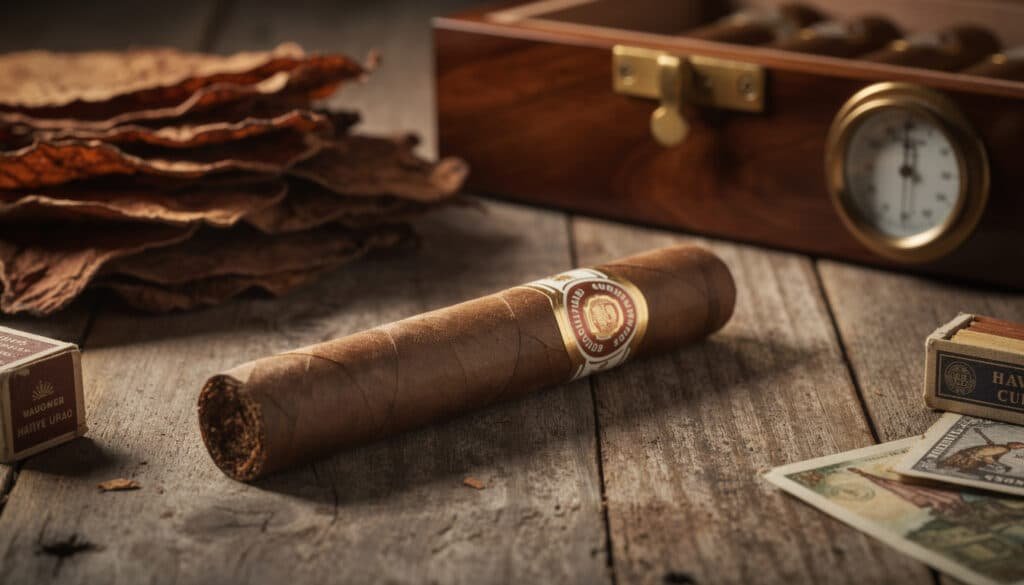 Cigare havane cubain avec sceau Habanos sur table en bois, accessoires de dégustation et boîte de cigares