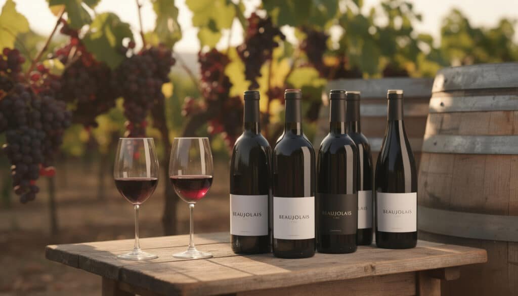 Dégustation des crus du Beaujolais : bouteilles Beaujolais et verres de vin rouge dans un vignoble