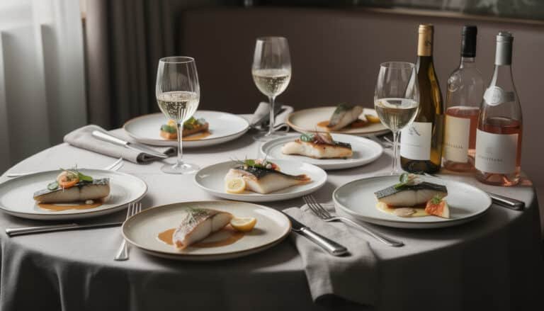Table de restaurant avec 6 assiettes de poisson grillé, verres de vin blanc et rosé, bouteilles de Sauvignon et Champagne