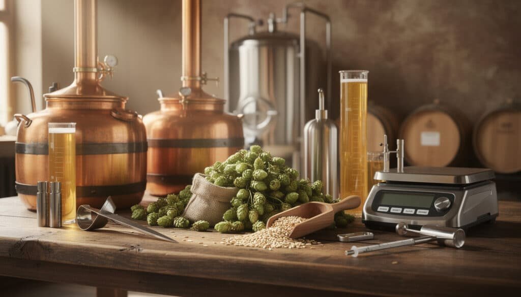 Équipement de brassage NEIPA : cuves en cuivre, houblons frais, grains d'orge et instruments de mesure en brasserie artisanale