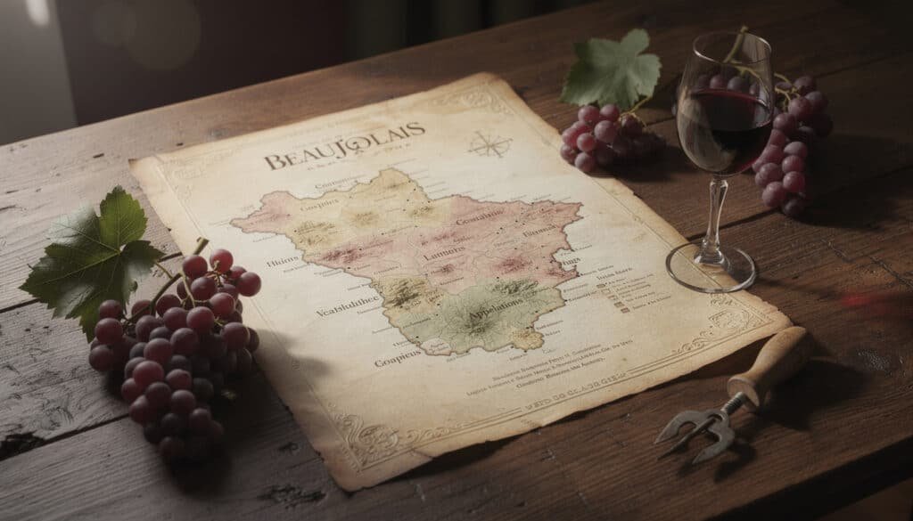 Carte des vins du Beaujolais avec grappe de raisin rouge et verre de vin sur table en bois