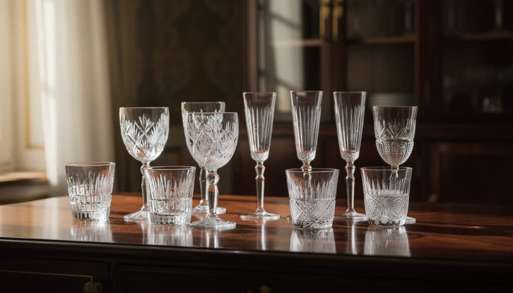 Collection de verres en cristal taillé de différentes formes et hauteurs alignés sur une table en bois, illustrant les critères de sélection