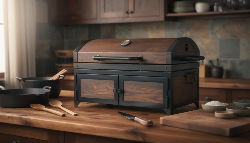 Fumoir maison compact en bois et métal avec chambre de fumage, portes de rangement et thermomètre intégré