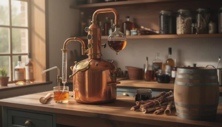 Alambic en cuivre artisanal pour distillation maison avec verre de rhum ambré, barrique et accessoires de fermentation