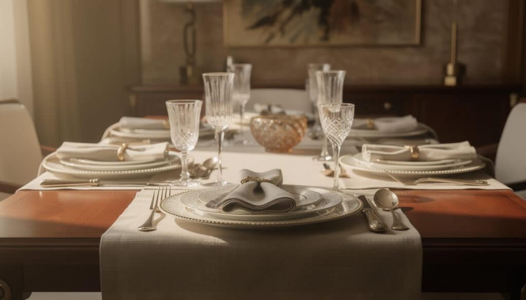Table gastronomique dressée avec assiettes blanches, verres cristal, couverts argentés et serviette nouée