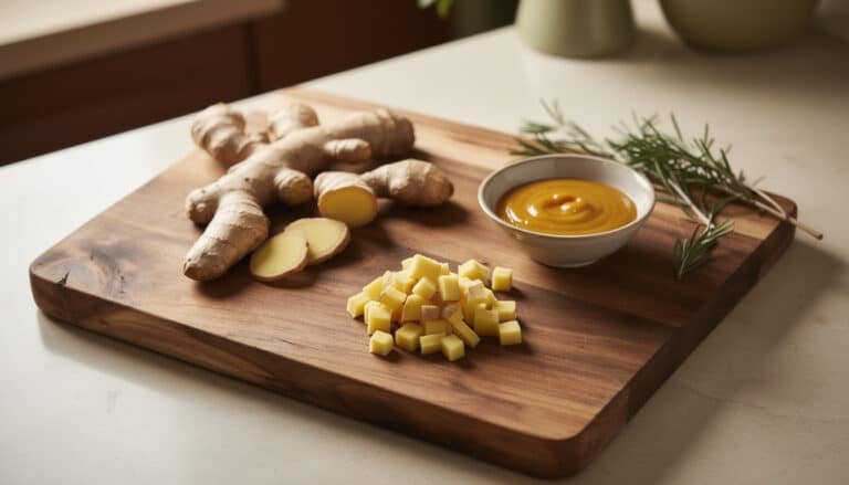 Gingembre frais tranché en rondelles avec sauce au gingembre maison dans un bol blanc, accompagné de romarin