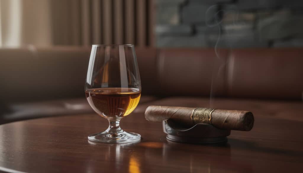 Verre de cognac XO avec cigare cubain sur table en bois, accord parfait entre alcool et tabac