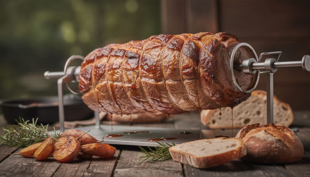 Bœuf à la broche doré et tendre en cours de cuisson, accompagné de pain grillé et herbes aromatiques