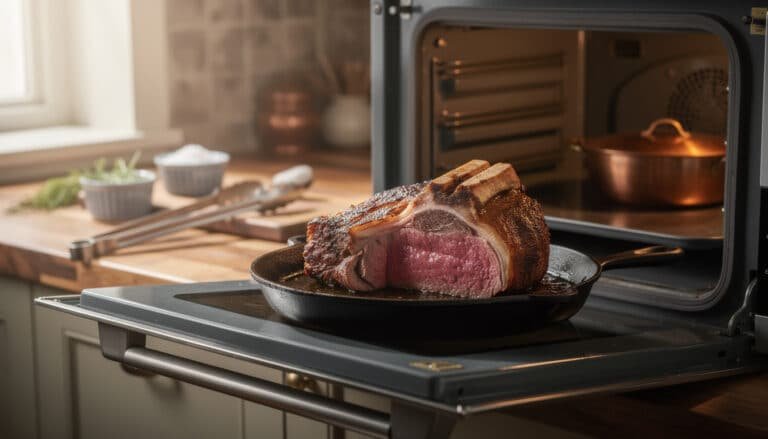 Côte de bœuf saignante dorée à la croûte épaisse, sortie du four dans une poêle en fonte