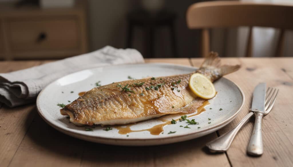 Sole meunière dorée et croustillante à la poêle, garnie de citron et persil frais sur assiette blanche