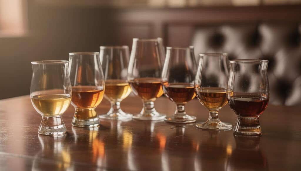 Gamme de couleurs de whisky du doré pâle au acajou profond dans des verres tulipes
