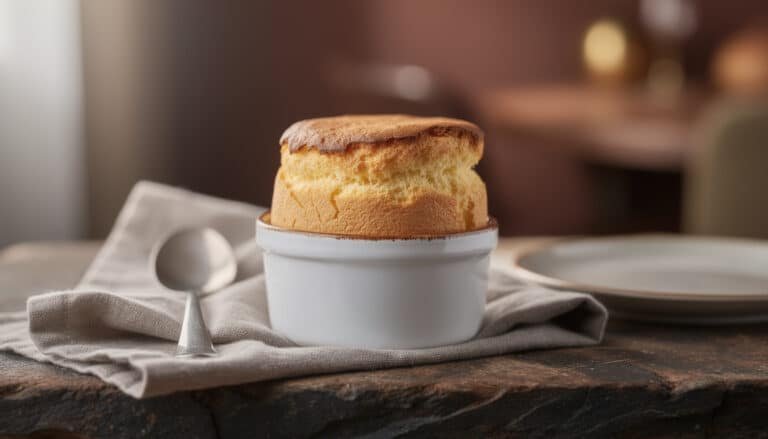 Soufflé au fromage doré dans un moule blanc, dôme parfait, cuillère et serviette lin