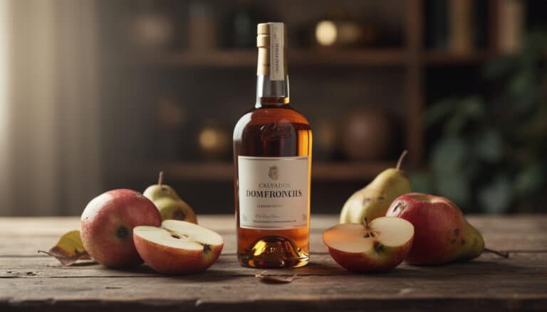 Bouteille de Calvados Domfrontais entourée de pommes rouges et poires fraîches sur bois
